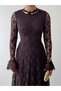 Women's Brown Lace Midi Dress High Neck Long Sleeve A-Line Guest Dress - 3
