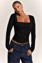 Square Neck Gathered Black Long Sleeve Blouse - 7