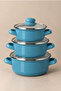 6 piece enamel pot set - 12/14/16 cm blue 3-piece pot set with glass lid