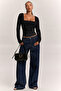 Square Neck Gathered Black Long Sleeve Blouse - 5