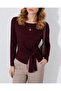 Women's Plum Color Crew Neck Side Tie Ribbed Blouse - 2