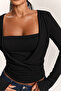 Square Neck Gathered Black Long Sleeve Blouse - 2