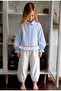 Girl's Special Design Striped Ruffle Detailed Shirt and Pants Set - 6
