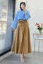Premium Pleated Detailed Belted Cotton Gabardine Midi Skirt - Camel - 6