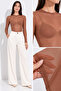 Women's Brown Tulle Crew Neck Long Sleeve Snap Fastener Bady Suit Blouse - 6