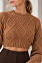 Women's Diamond Patterned Crop Knit Sweater Brown - 4