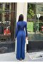 Women's Navy Blue Crew Neck Side Gathered Blouse and Elastic Waist Loose Pants Set - 3