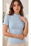 Women's Ice Blue Color Stand Collar Short Sleeve Viscose Elasthane Blouse