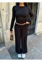 Women's Black Crew Neck Side Gathered Blouse and Elastic Waist Loose Pants Set - 2