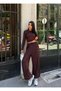 Women's Coffee Color Crew Neck Side Gathered Blouse and Elastic Waist Loose Pants Set