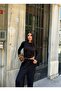 Women's Black Crew Neck Side Gathered Blouse and Elastic Waist Loose Pants Set - 3