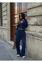 Women's Navy Blue Lace Detailed Hooded Crop Cardigan Palazzo Trousers 3-Piece Set - 2