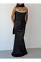 Black Strapless Collar with Stone Embellishments and Underwire, Long Evening Dress with Scarf - 6