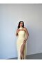 Yellow Strapless Scarf and Slit Chiffon Fabric Evening Dress - 4