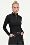 Women's Frey Snap Fastener Cotton Long Sleeve Black Ribbed Knitted Blouse - 2