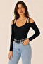 Women's Black Strappy Off-Shoulder Long Sleeve Camisole Blouse - 6