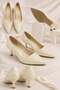Leyla Women's Ecru Pointed Toe Lace Patterned 5 cm Thin Heeled Stiletto Shoes - 4