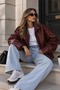 Women's Burgundy Crocodile Pattern Oversized Faux Leather Jacket Stand Collar Zippered Bomber Biker Jacket - 3