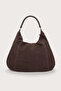 Large Suede Hobo Women's Bag with Knitted Handle - Brown