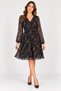 Women's Double Breasted Collar Belted Long Sleeve Black Floral Dress