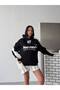 Women's Printed Pocketed Hooded Sweatshirt with Stripe Details on the Sleeves Oversized Cotton Premium Sweatshirt G99109 - 6