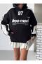 Women's Printed Pocketed Hooded Sweatshirt with Stripe Details on the Sleeves Oversized Cotton Premium Sweatshirt G99109 - 5
