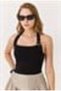 Black Stretchy Fabric Halter Neck Slim Fit Crop Blouse with Buckle Detail - 3