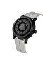 ساعة يد سوداء بتصميم دائري غير تقليدي وسوار رمادي فاتح Black Wristwatch with Unique Circular Dial and Light Gray Strap