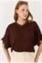 Brown Soft Textured V-Neck Bat Sleeve Lace Detailed Knitted Sweater Blouse - 5