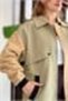 Green Polyester Fabric Trench Coat with Zipper and Drawstring Detail on the Back, Contrast Black Pocket Detail - 5