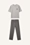 Boxy Fit Short Sleeve Printed Top Checkered Pattern Bottom 2-Piece Pajama Set I3018Ax26Au