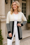 Women's Long Sleeve Unlined Stripe Patterned Comfortable Fit Elegant Stylish Black and White Knitwear Cardigan - 2