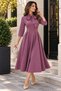 Timeless Elegance – Women's Long Sleeve Scarf Tie Collar Waist Button Detail Flared Cut Stylish Midi Length Crepe Dress - 3