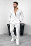 Men's Striped Crepe Fabric Cream Shirt Pants Bottom Top Set Long Sleeve - White