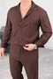 Men's Striped Crepe Fabric Cream Shirt Pants Bottom Top Set Long Sleeve - Brown - 2