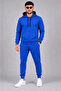 Men's Two Thread Hooded Kangaroo Pocket Sweatshirt Jogger Pants Bottom Top Tracksuit Set -Saks Blue - 3