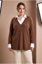 Shirt Collar Trimmed Plus Size Blouse Brown