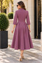 Timeless Elegance – Women's Long Sleeve Scarf Tie Collar Waist Button Detail Flared Cut Stylish Midi Length Crepe Dress - 4