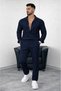 Men's Striped Crepe Fabric Cream Shirt Pants Bottom Top Set Long Sleeve - Navy Blue
