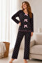 Reported Viscose Bow Detailed Overlocked Round Neck Long Sleeve Patterned Pajama Set - 2