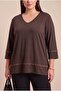 Sleeve and Skirt Stone Detailed Plus Size Round Viscose Combed Cotton Blouse Brown