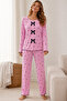 Reported Viscose Bow Detailed Overlocked Round Neck Long Sleeve Patterned Pajama Set - 2