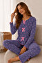 Reported Viscose Bow Detailed Overlocked Round Neck Long Sleeve Patterned Pajama Set