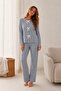 Reported Viscose Bow Detailed Overlocked Round Neck Long Sleeve Patterned Pajama Set - 2