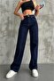 Ojo Navy Blue Lycra Super High Waist Loose Jeans Palazzo Trousers