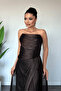 Chiffon Fabric Strapless Evening Dress with Gathered Detail - Brown - 4