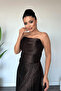 Chiffon Fabric Strapless Evening Dress with Gathered Detail - Brown - 3