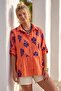 Italian Coral Shirt Collar Buttoned 3/4 Sleeve Floral Pocketed Skirt Pleated Oversize Woven Blouse 73 62