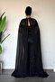 Full Beaded Fabric Cape Detailed Evening Dress - Black - 5