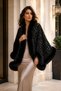 Women's Black Fur-Capped Silver Sequin Poncho Pnc02 - 4